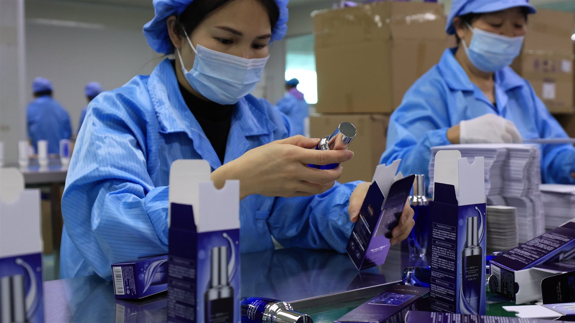 Skincare packaging line during production