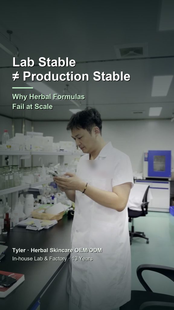 Tyler explaining why herbal skincare formulas can fail at scale